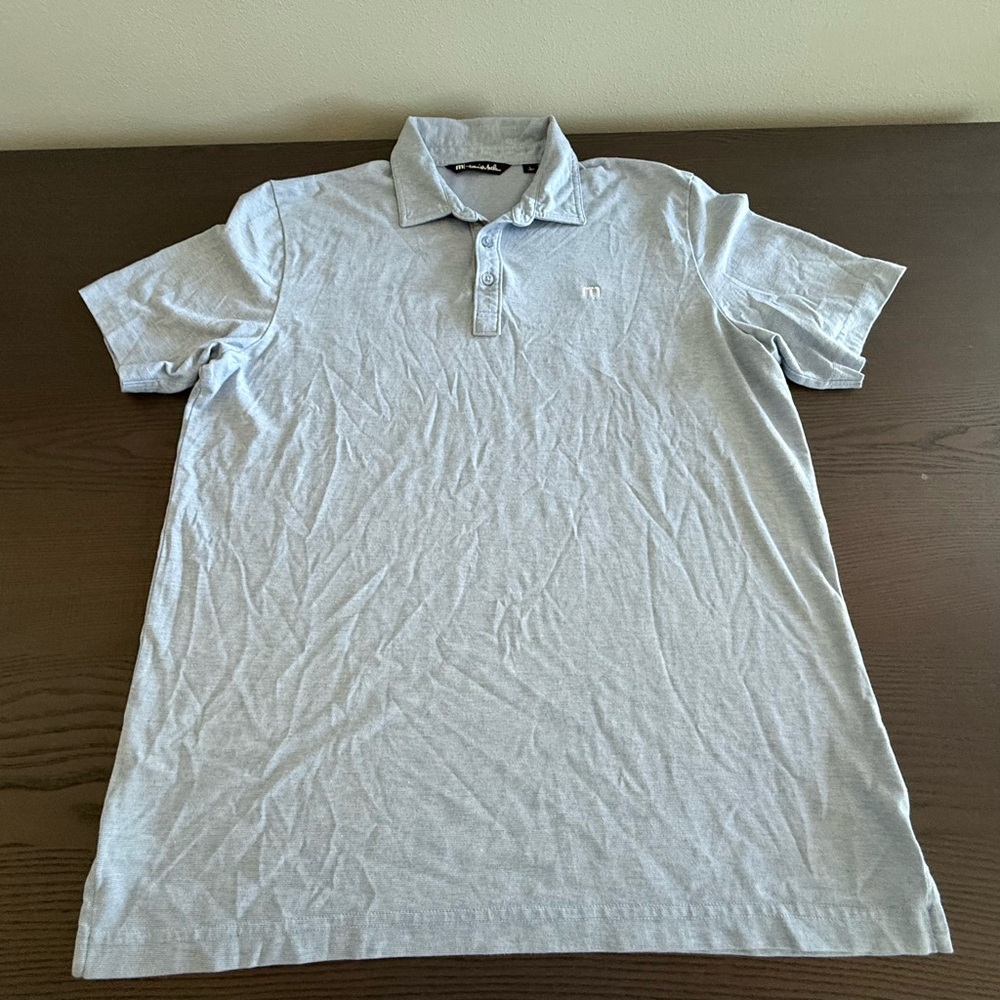 Travis Mathew Men's Polo Shirt Large Blue/White Striped, Short Sleeve